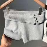Daiiibabyyy  Women's Knit Crochet Micro Shorts Casual Slim Fit Stylish Decorative Button Ribbed Trim Foldover Mid Rise Shorts Y2K Streetwear