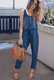 Daiiibabyyy  Casual Women Jumpsuit Sleeveless High Waist Button Front Romper Light Blue Straight Leg Solid Color Denim Jumpsuit Drawstring