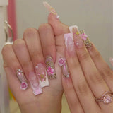 DAIIIBABYYYY  -  24pcs 3D Camellia Flower Fake Nail Patches Long Ballet White French Press on Nail Full Cover Wearable Korean Pink False Nails