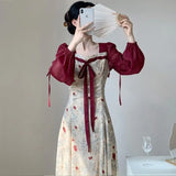 DAIIIBABYYY  -  Spring Summer Patchwork Floral Dresses Ladies Chinese Style 2025 New Temperament Chiffon Puff Sleeve Long Dress Women Clothing