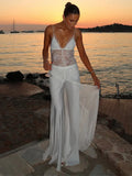 Daiiibabyyy  White Lace Sheer Corset Maxi Dress Eyelash Lace Trim Bodice High Slit Satin Skirt Summer Bridal Evening Party Women Outfit