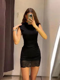 Daiiibabyyy  Sleeveless Stretch Lace Patchwork Short Dress Women Sexy O-neck Waist Cinching Hip Package Bodycon Evening Dresses Chic New Robe