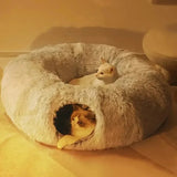 DAIIIBABYYY  -  Plush Cat Bed with Tunnel for Indoor Cats Multifunctional Cat Tunnel Bed with Fluffy Donut Cat Bed with Tunnel