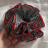 Daiiibabyyy  1PC Black And White Gingham Hair Scrunchie With Red Trim, Large Voluminous Hair Tie, Stylish Hair Accessory For Women