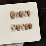 Daiiibabyyy  10pcs Handmade Short Cat Eye Fake Nails Gradient Brown Gold Luxury False Nails with Diamond Design Wearing Press on Nails
