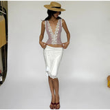 Daiiibabyyy  Lace Trim Tie-Up Corset Top Pencil Skirt Set Slim Fit Sleeveless Midi Length Summer Women Dress Chic Coquette Lady Co-ord