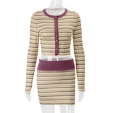 Daiiibabyyy  Women Striped 2 Piece Outfit Long Sleeve Button Cropped Top High Waist Mini Bodycon Skirt Set Y2K Casual Matching Suit Streetwea