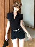 Daiiibabyyy  Ropa Mujer Solid Woman Sexy Y2k T Shirts Turn Down Collar Ruffled Tunic Bodycon Tees Fashion Vintage Summer Pocket T-shirt