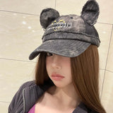 Daiiibabyyy  Parent-Child Denim Baseball Cap Adult Embroidered Letters Fashion Peaked Caps Cute Cat Ear Girls Boy Travel Outdoor Sun Hats