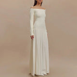DAIIIBABYYY  -  Elegant Slash Neck Side Split Robe Dresses Spring Long Sleeve Pleated High Waist Dress Lady Sexy Off Shoulder Slim Evening Dress