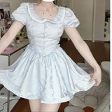 Daiiibabyyy  Fashionable French Doll Collar Mini Dress Princess Waist Cinched Tea Break Retro Skirt Short Puffy Skirt Sweet Summer Dress