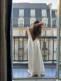 Daiiibabyyy  Women's Elegant Satin V Neck Long Dress Sleeveless Backless High Fork Robes Vacation Beach Maxi Vestidos New Lady Dresses