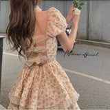DAIIIBABYYY  -  French Bow Backless Summer Lolita Patchwork Printed Ruffles Floral Zipper Fashion Elegant Slim Casual Puff Sleeve Dresses