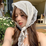 Daiiibabyyy Korean Sweet Turban Cap Summer Lace Triangle Headscarf for Woman Girls Headwear Scarf Headband Hair Accessories