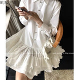 Daiiibabyyy  Autumn New White  Big Skirt Three-dimensional Waist Bottom Long Sleeve Shirt Dress  dresses for women