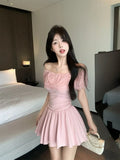 Daiiibabyyy  Ruffled One-length Necklace Spliced A-line Dress with Pleated Waist Design Sweet
