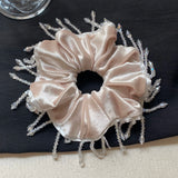 Daiiibabyyy  1PC Elegant Beige Velvet Hair Scrunchie With Crystal Bead Decor, Shiny Satin Hair Tie For Women, Party & Daily Hair Accessory