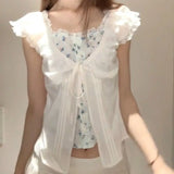Daiiibabyyy  White Slim Korean Artistic Cute Milk Top Women Summer Contrasting Color Splicing Fake 2 Piece Floral Short Sleeve Shirt