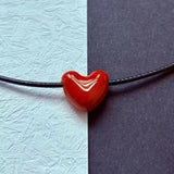 Daiiibabyyy  Korean Simple Stainless Steel Red Heart Pendant Black Wax Cord Adjustable Long Necklace for Women Retro Fashion Valentines Gifts