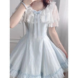 Daiiibabyyy  Coquette Sweet Lolita Dress Women Lace Trim Bow Ruffle Short Sleeve Ruched Waist Bubble Hem Slim Fit Mini Dress Elegant Beach