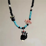 DAIIIBABYYY  -  Y2k Cute Black Cat Fish Pendant Beaded Necklace For Women Sweet Cool Clavicle Chain Girl Choker Jewelry Accessories Party Gift