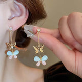 DAIIIBABYYY  -  Korean Sweet Crystal Butterfly Drop Earrings For Women Luxury Silver Color Long Tassel Earrings Wedding Party Jewelry Gifts