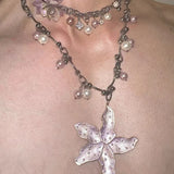 Daiiibabyyy  Y2K Pink Metal Starfish Flower Pendant Necklace for Women Men Luxury Imitation Pearl Beads Choker Clavicle Chain Trendy Jewelry