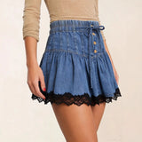 Daiiibabyyy  Midi Skirt Solid Blue Pleated Denim Skirt High Waist Button Front Jeans Skirt Drawstring Waist Tiered Lace Trim Elegant A Line