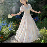 Daiiibabyyy  Summer new long dress waist flower new film dress summer short sleeve French lace heavy industry lining