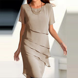 Daiiibabyyy Elegant Lady Patchwork Chiffon O Neck Short Sleeve Dress Fashion Sexy Female Casual Party Dress New Women's Tierred A Line Dress