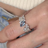 Daiiibabyyy  Blue Water Drop Zircon Open Ring for Women Exquisite Retro Irregular Adjustable Finger Ring Sweet Casual Versatile Jewelry Gift