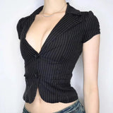Daiiibabyyy  Sexy Deep V Neck Striped Shirt Women Black Two Button Cardigan Waist Cinched Summer Short Top Fashionable Casual Commuting Basic