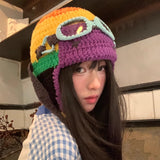 Daiiibabyyy  Removable Glasses Funny Pilot Hats for Women and Men Autumn Winter Travel Personality Versatile Thermal Ear Protection Beanies