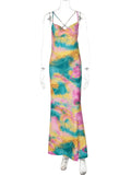 DAIIIBABYYY  -  Tie dye Cowl Neck Summer Dress Women Open Back Strappy Sleeveless Maxi Long Ombre One-piece Summer Holiday Beachwear