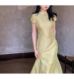 DAIIIBABYYY  -  Elegant Chinese Dress For Women Summer Youth Style Stand Collar Long Soft Dress New Chinese Zen Style Cheongsam