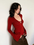 Daiiibabyyy  Retro Spicy Girl Style Niche Instagram High End Lace Patchwork Design Sexy Twisted Hollow Out V-neck Base Shirt