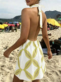 Daiiibabyyy  Women’s White Sleeveless Halter Mini Dress Featuring Yellow Abstract Leaf Motif, Deep V-Cut Neckline, Casual Summer Vacation