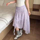Daiiibabyyy  Irregular Korean Ruffles Spliced Plaid Midi Skirts Summer Gentle A-Line Women's Clothing Fashion Asymmetrical Aura Basic Skirts