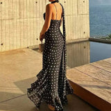 Daiiibabyyy  Elegant Polka Dot Print Ruffle Long Dress Summer Hollow Sleeveless Women Suspender Dress New Temperament Scarf Slim Party Dress