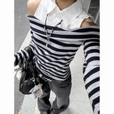 Daiiibabyyy  Early Autumn Slim Fit Split Two-Piece Striped One Shoulder Shirt Women Fall New Arrival Long Sleeve Top