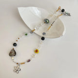 Korean Fashion Resin Flower Heart Necklace For Women Sweet Cute Rhinestone Irregular Geometrics Choker Chain Casual Jewelry Gift