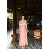 Daiiibabyyy  Vintage Floral Midi Dress Women Elegant Slash Neck Lace Dresses Summer Vacation Korean Sexy Off Shoulder Bodycon A Line Vestidos