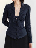 DAIIIBABYYY  -  Y2k Aesthetic Women Sexy Cropped Blouse 2025 Solid Single Breasted Slim Fit Grunge Shirt Harajuku Pleated Bow Streetwear Blouses