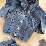 Daiiibabyyy  American Retro Denim Sets for Women Polo Collar Hollow Out Tops+High Waist Bandage Hot Shorts Girls Two-piece Set