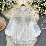 Daiiibabyyy   Embroidered Beaded Lantern Sve irt Women's Summer Thin Loose Outerwear Long Sve Top Korean Sle Commute