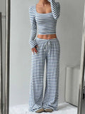 DAIIIBABYYY  -  Casual Simple Striped Long Sleeved Top and Pants Set Women's Two-piece Set