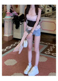Daiiibabyyy  Summer Temperament Sweet Spicy Style Lace Slim Fitting Suspender Paired Vest New Slimming Fashionable Women Clothing