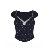 DAIIIBABYYY  -  Sweet Girl V-neck Bow Lace Splicing Short-sleeved T-shirts Women's Summer Floral Print Slim Short Pullover Tops Female Clothing