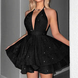 Daiiibabyyy  Women Elegant Bright Glitter Slim Mini A-line Dress Fashion Ruffled Hollow Short Dress Sexy Deep V-neck Halter Club Party Dress