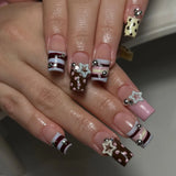 Daiiibabyyy  24pcs Y2K Sweet Stars Press On Nails Blue Brown Stripes French Style False Nails Wave Point Designs Autumn Vintage Fake Nail